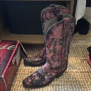 Lucchese Pink and Black Heeled Boots with Western Flair